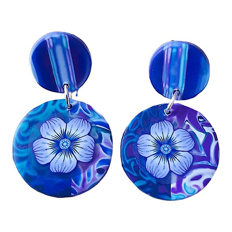 Boucles d'oreilles en pâte polymère mokume gané bleu et violet isycrea bijoux saint malo