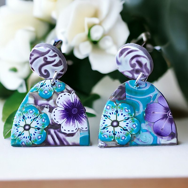 Boucles d'oreilles en pâte polymère dans les tons turquoise et violet isycrea bijoux saint malo
