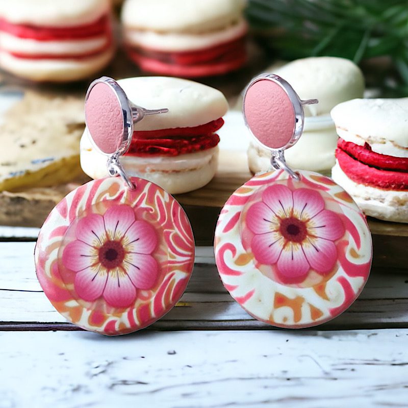 Boucles d'oreille fleur rose en pâte polymère isycrea bijoux saint malo