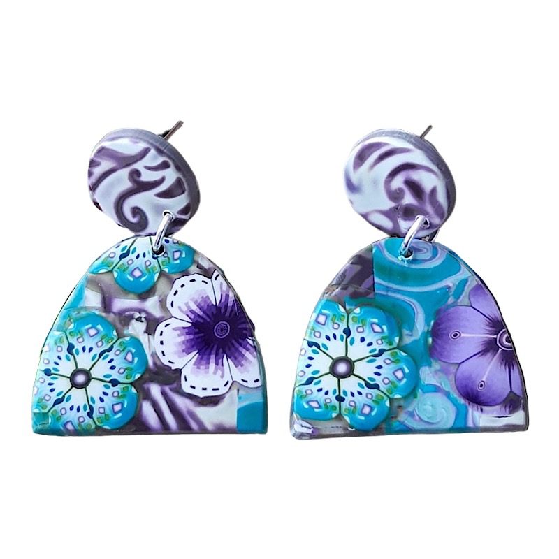 Boucles d'oreilles en pâte polymère dans les tons turquoise et violet isycrea bijoux saint malo