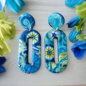 Boucles d'oreilles multicolore bleu canard et jaune en pâte polymère isycrea bijoux saint malo